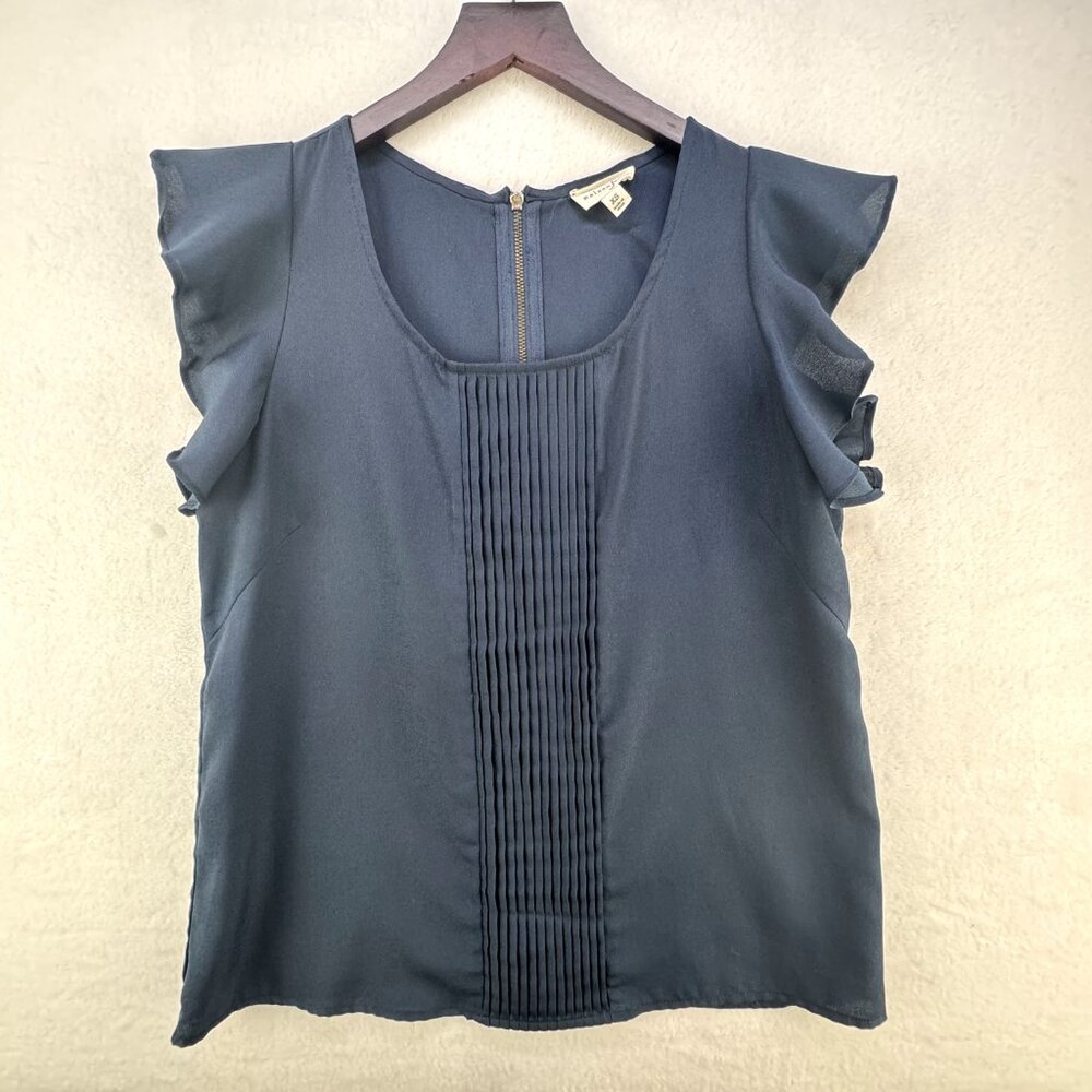 Maison Jules Blouse Women Size XS Pleated Front Round Neck Cap sleeve back zip